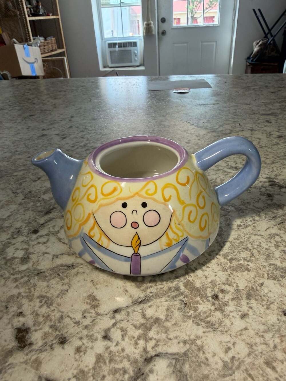 Handmade Ceramic Novelty Angel Teapot Yellow Blue Purple